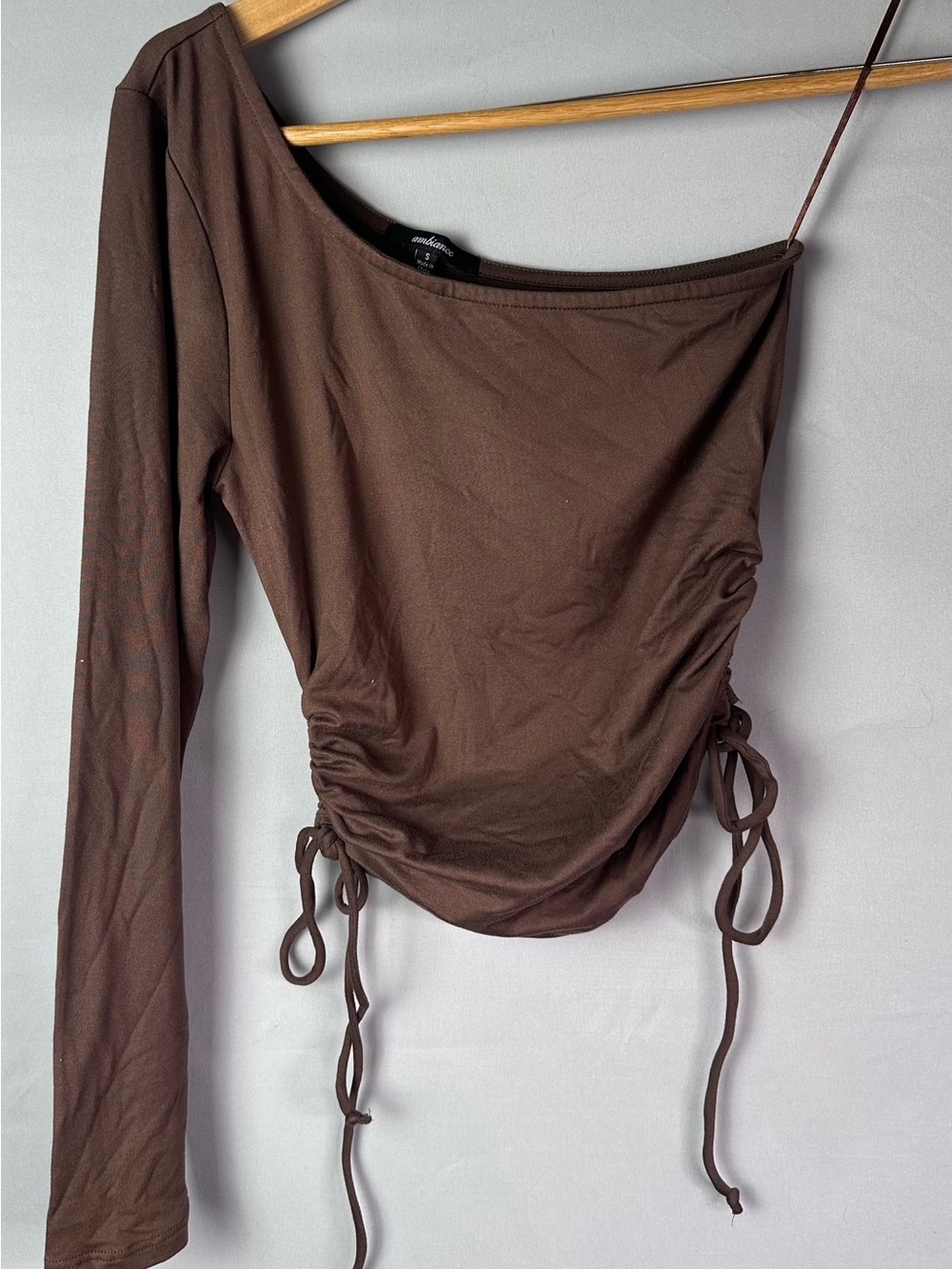Ambiance Brown One-Shoulder Ruched Crop Top
